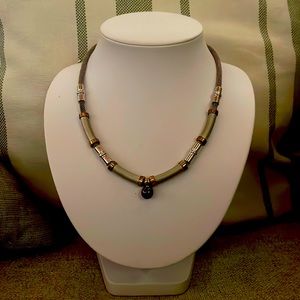Silver beaded necklace with Black Pearl